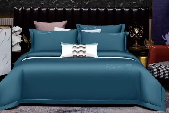 Cyan Solid Cotton thêu phủ chăn giường đặt nhà dệt